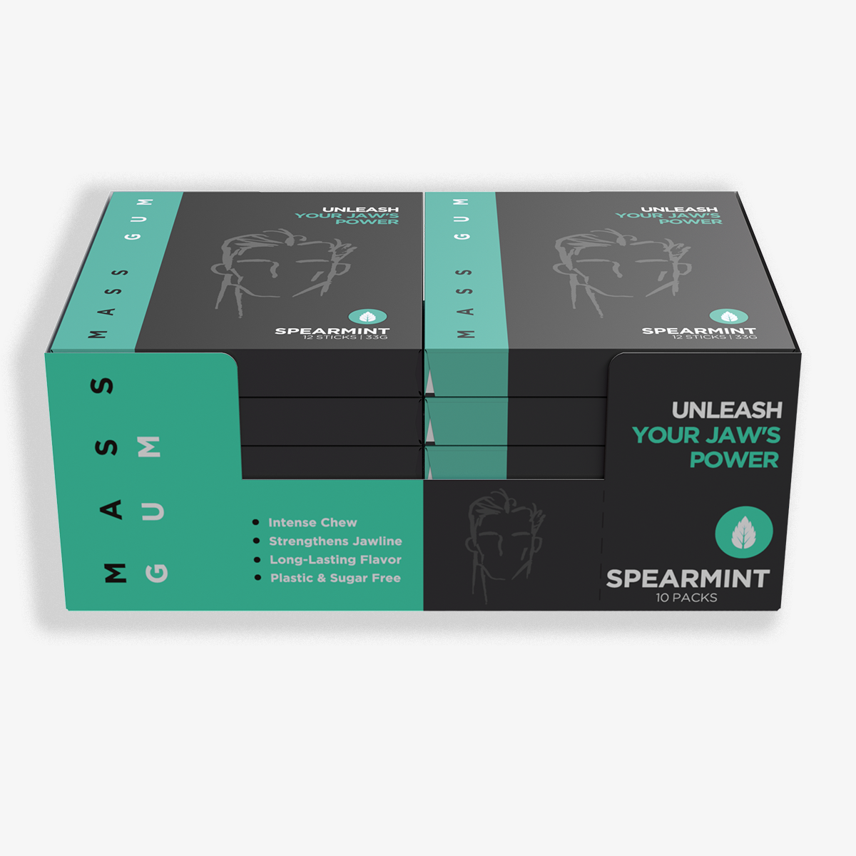 MASS GUM - Premium Tough Chewing Gum - Jawline Exerciser - 10 Packs of 12 Pieces (120 Total Pieces)